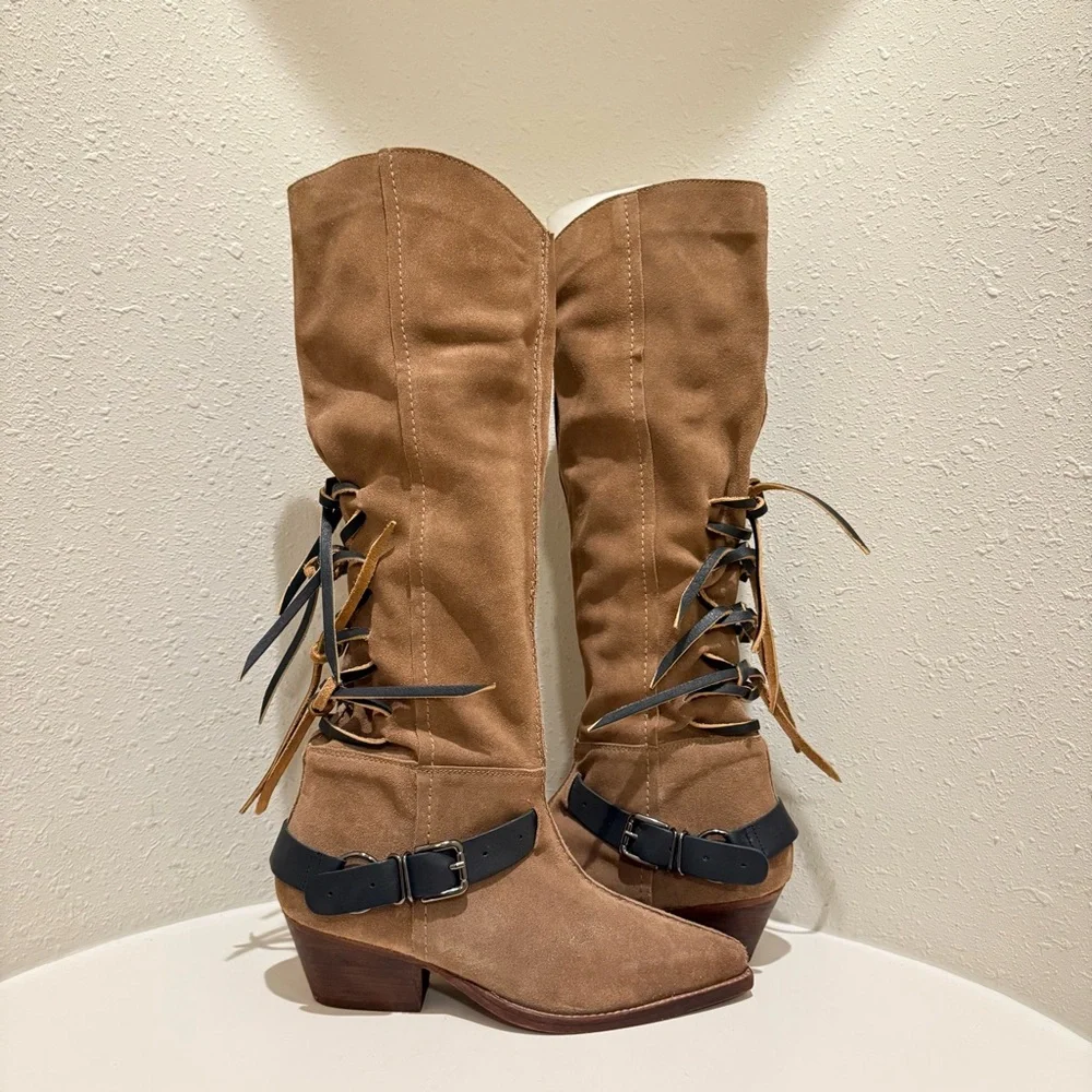 Free People Lace Sway Slouchy Women’s Military Taupe Western Boots Sz 7.5 NEW